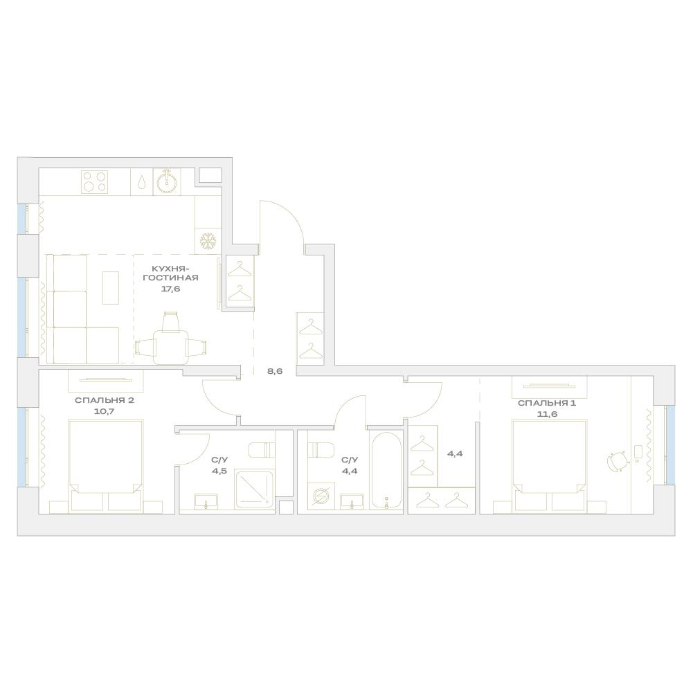 3-комнатная 61 м2 в ЖК Детали корпус null этаж 2