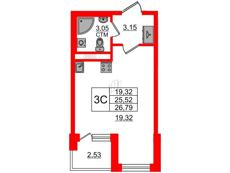Студия 25 м2 в ЖК Дворцовый фасад корпус null этаж 3