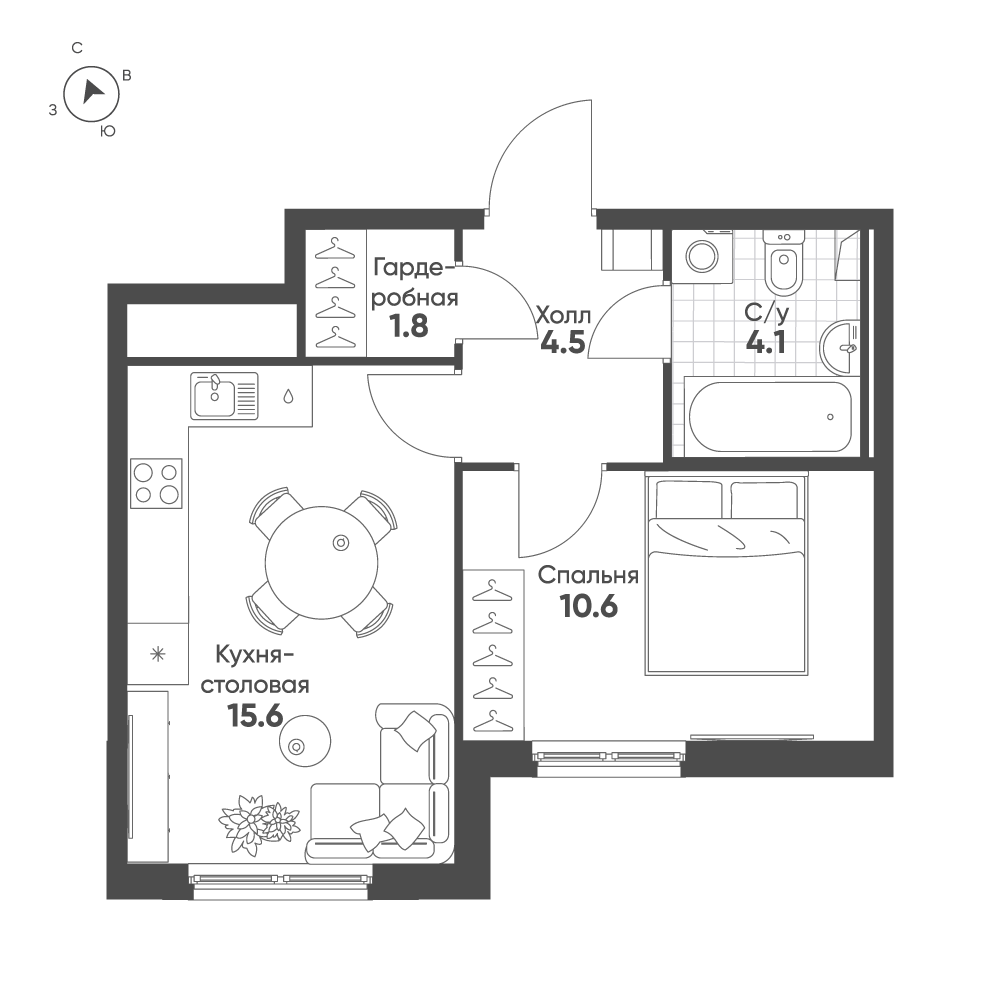 1-комнатная 36 м2 в ЖК Клюква.Парк корпус null этаж 2
