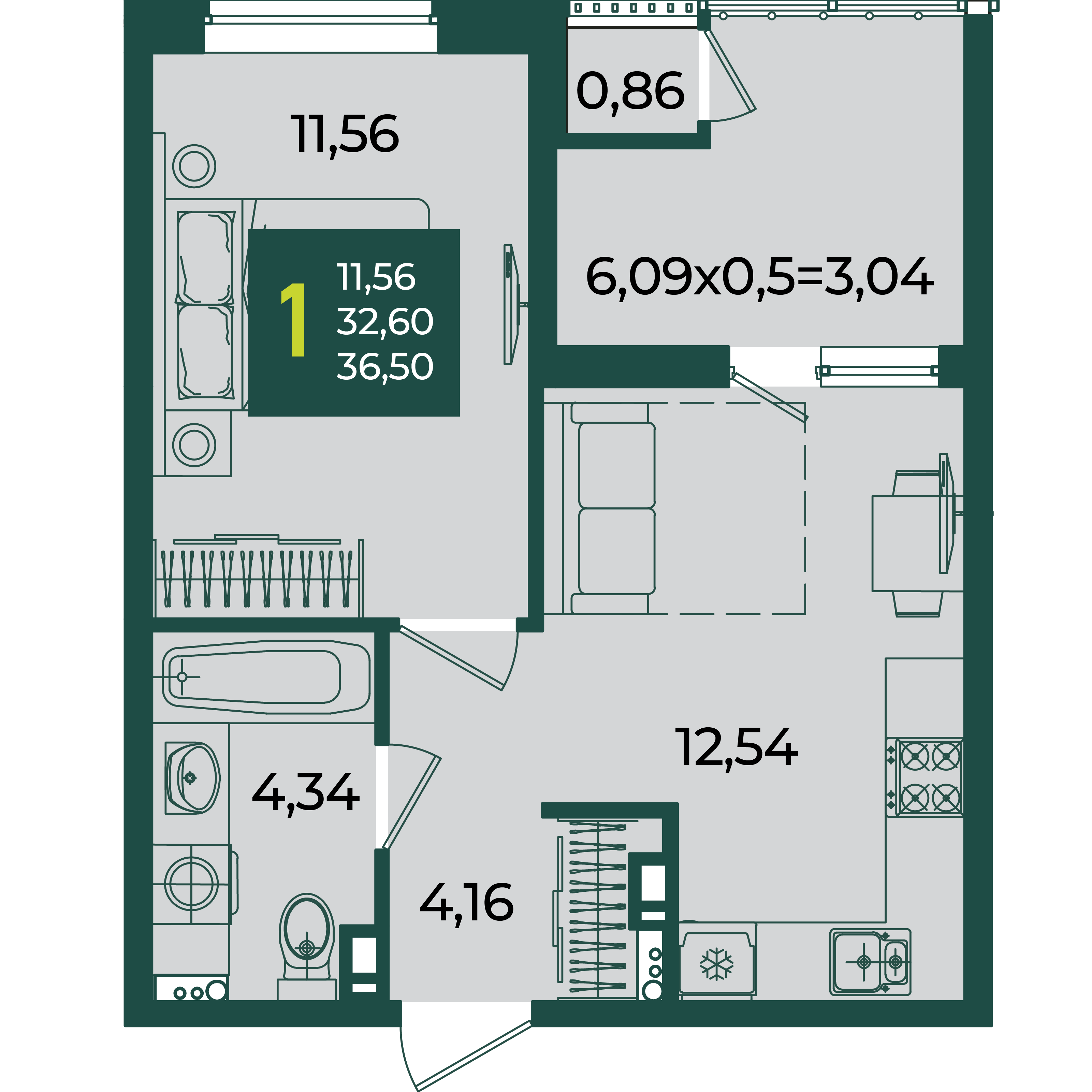 1-комнатная 36 м2 в ЖК Образцово корпус null этаж 7