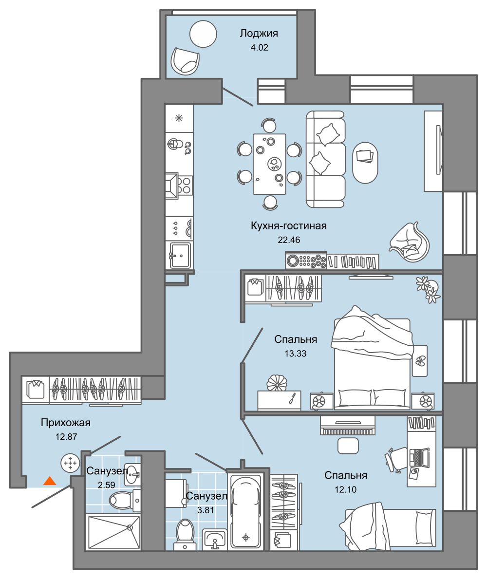 3-комнатная 70 м2 в ЖК CENTROPOLIS корпус null этаж 2