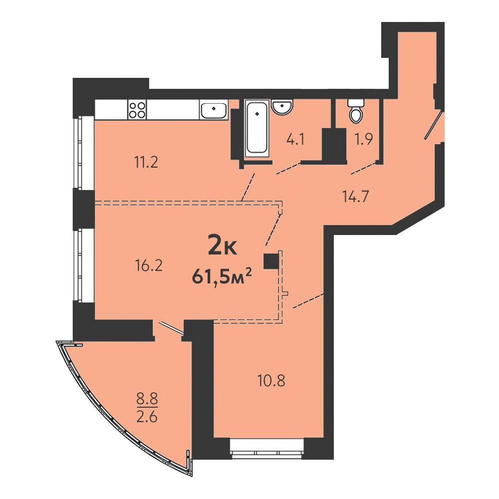 2-комнатная 61.5 м2 в ЖК undefined корпус null этаж 13