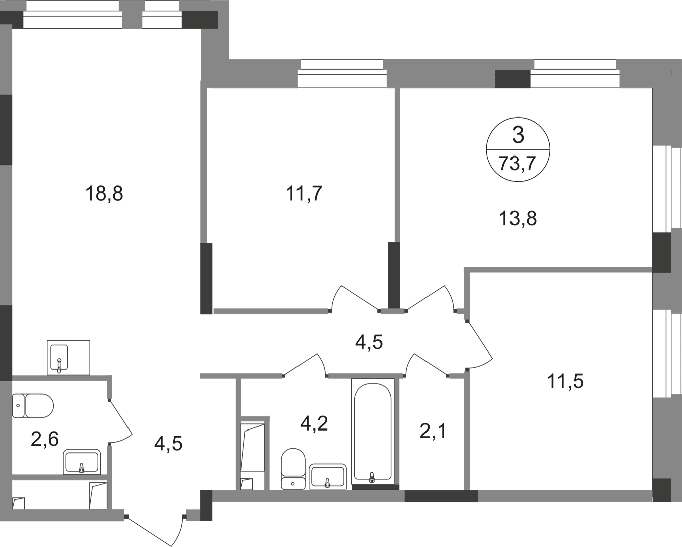 3-комнатная 73 м2 в ЖК Первый Московский корпус null этаж 4