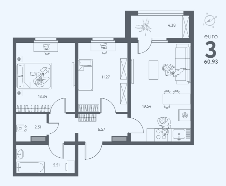 2-комнатная 60.9 м2 в ЖК undefined корпус null этаж 6