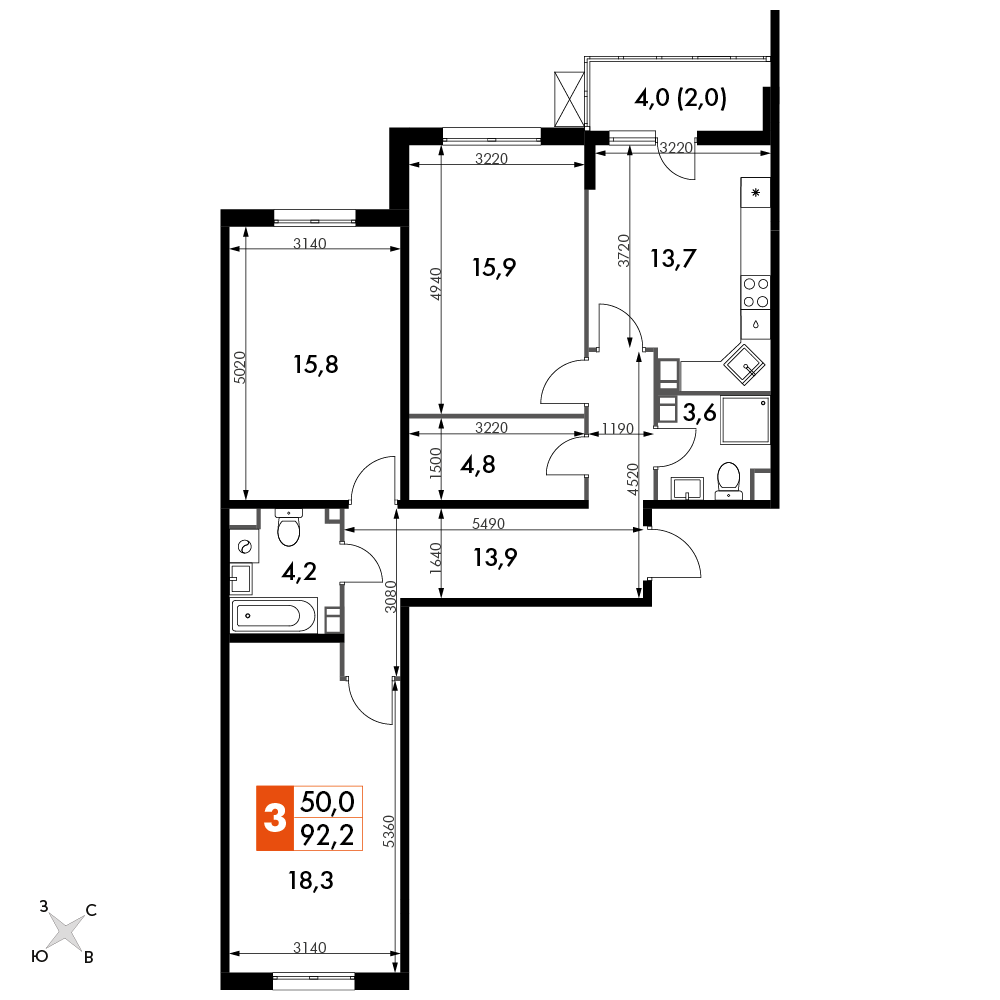3-комнатная 91 м2 в ЖК Олимп корпус null этаж 9