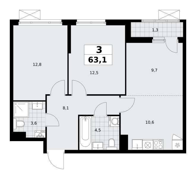 3-комнатная 63 м2 в ЖК Дзен-кварталы корпус null этаж 6
