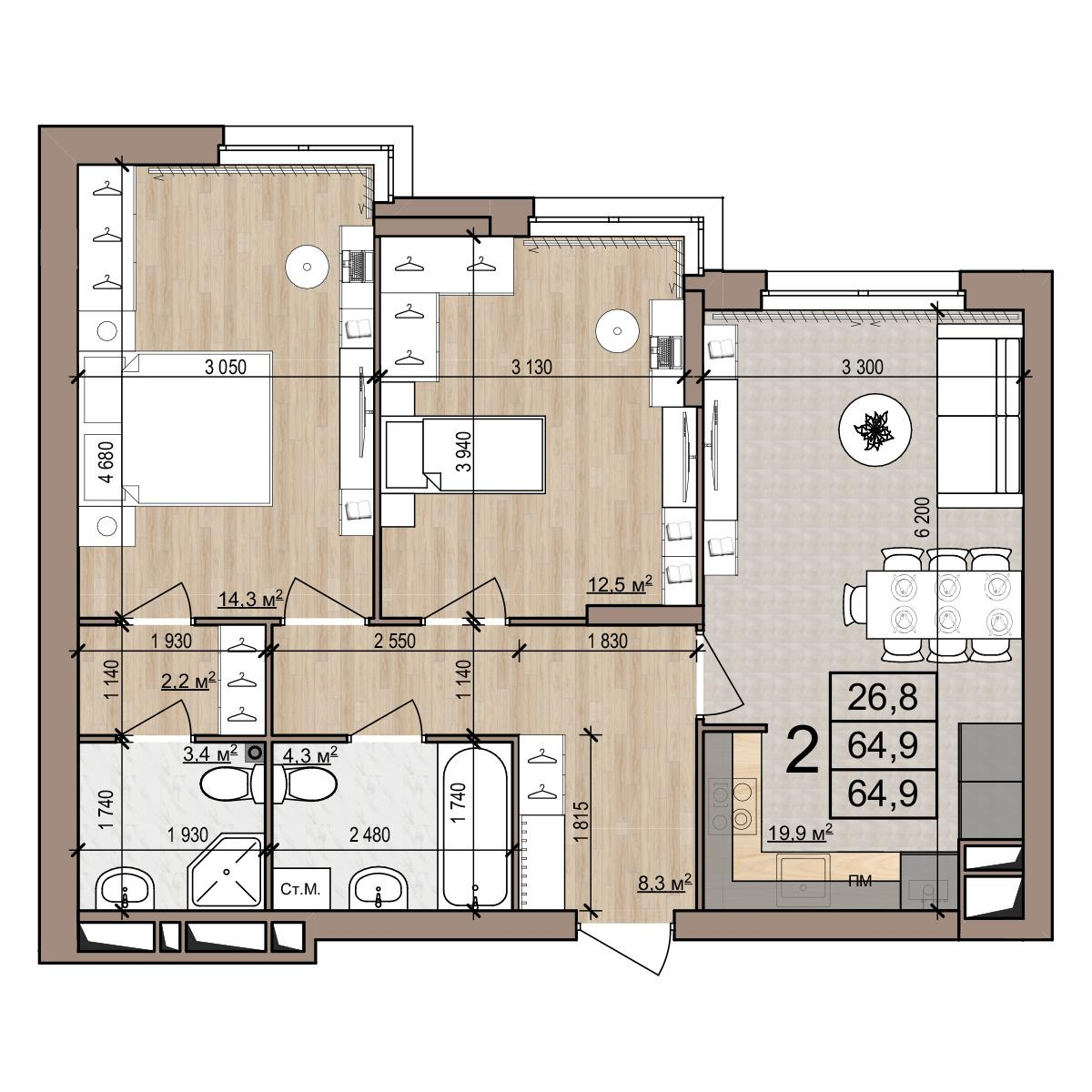 2-комнатная 64 м2 в ЖК Полярная звезда корпус null этаж 14