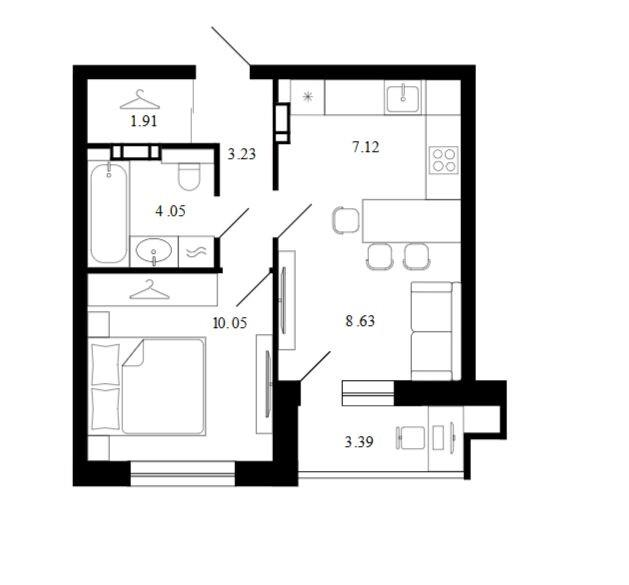 2-комнатная 38.4 м2 в ЖК undefined корпус null этаж 7