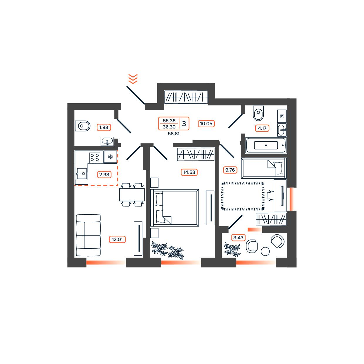 3-комнатная 58 м2 в ЖК Темп корпус null этаж 13