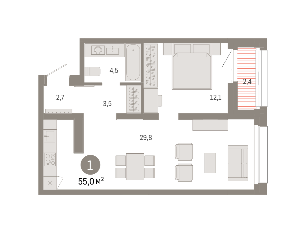 1-комнатная 55 м2 в ЖК Квартал Нефть корпус null этаж 10