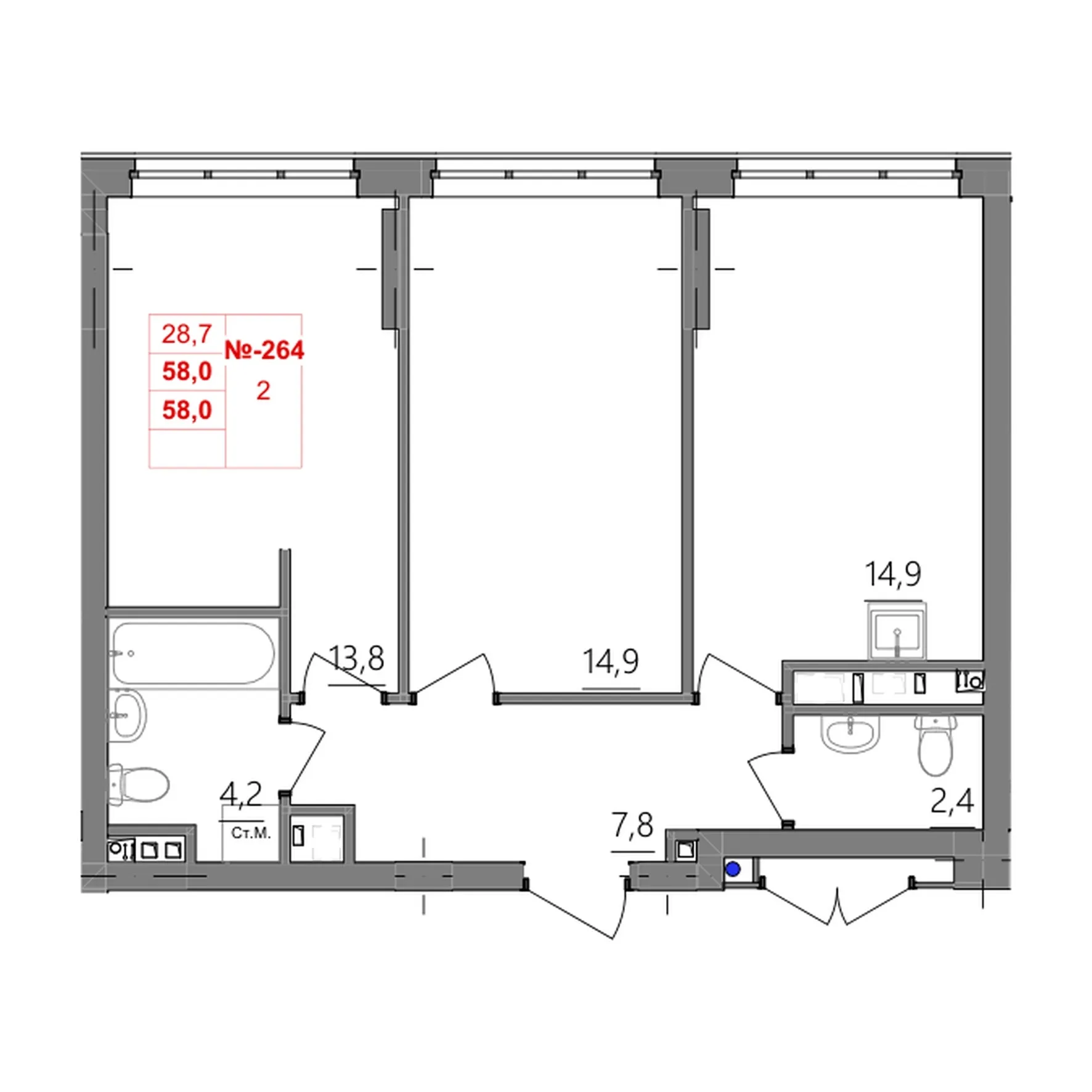 2-комнатная 58 м2 в ЖК Квартет корпус null этаж 5