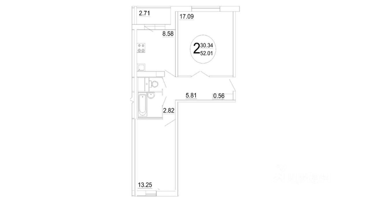 2-комнатная 52.2 м2 в ЖК undefined корпус null этаж 9