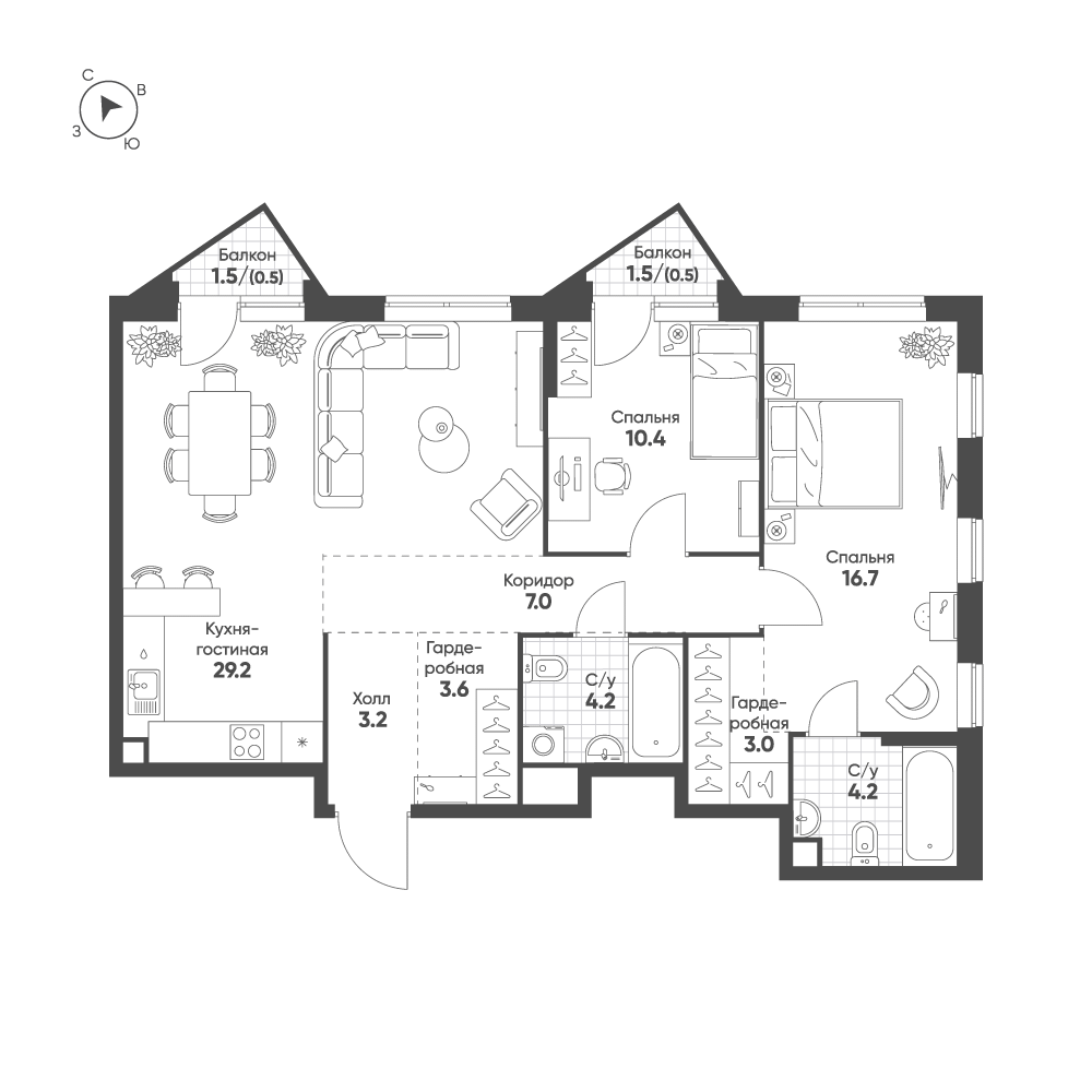 3-комнатная 82 м2 в ЖК Sokolinn Park корпус null этаж 4