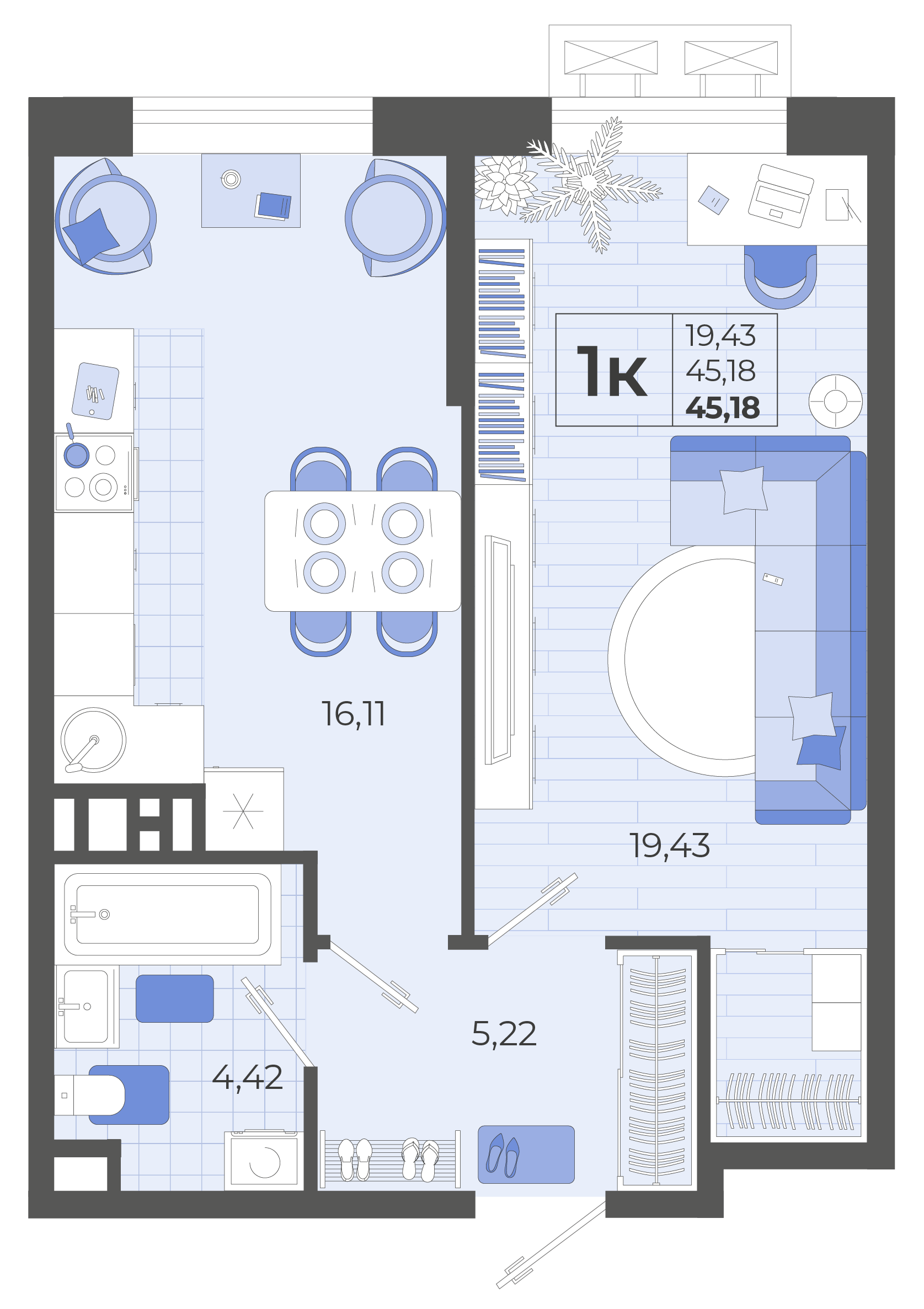 1-комнатная 45 м2 в ЖК Высочество корпус null этаж 8