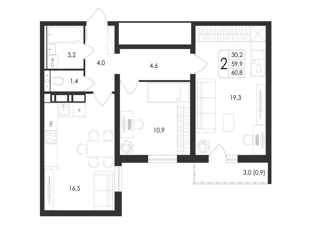 2-комнатная 60 м2 в ЖК Май корпус null этаж 14