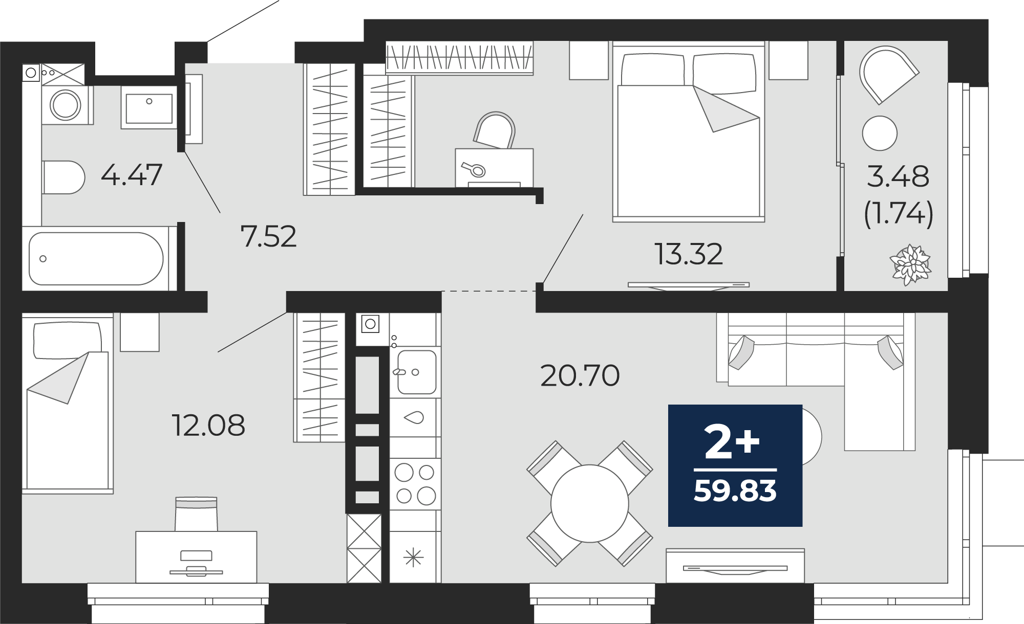 2-комнатная 58 м2 в ЖК Прео корпус null этаж 10