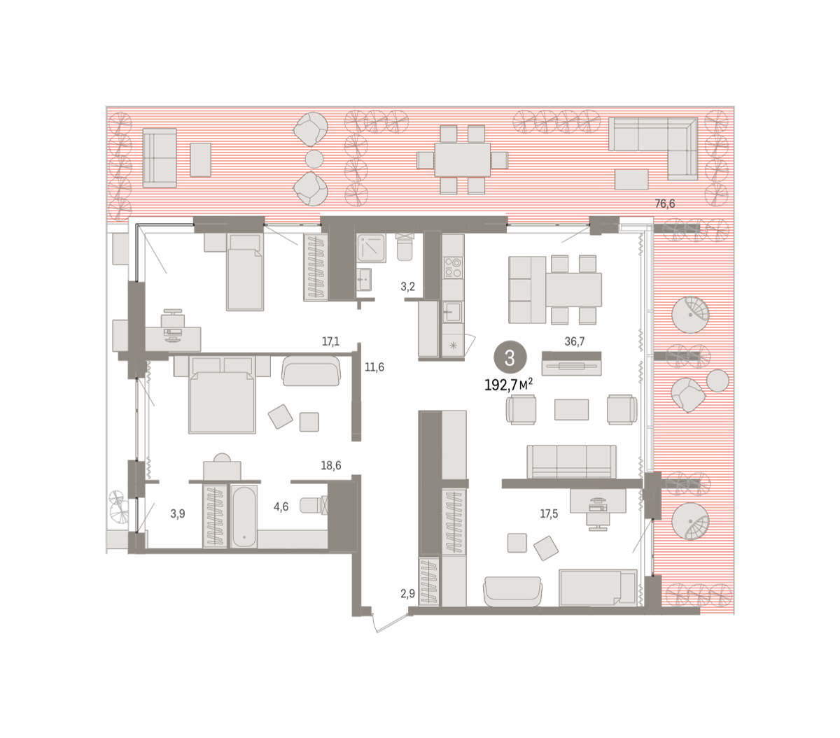3-комнатная 192 м2 в ЖК Новин корпус null этаж 15