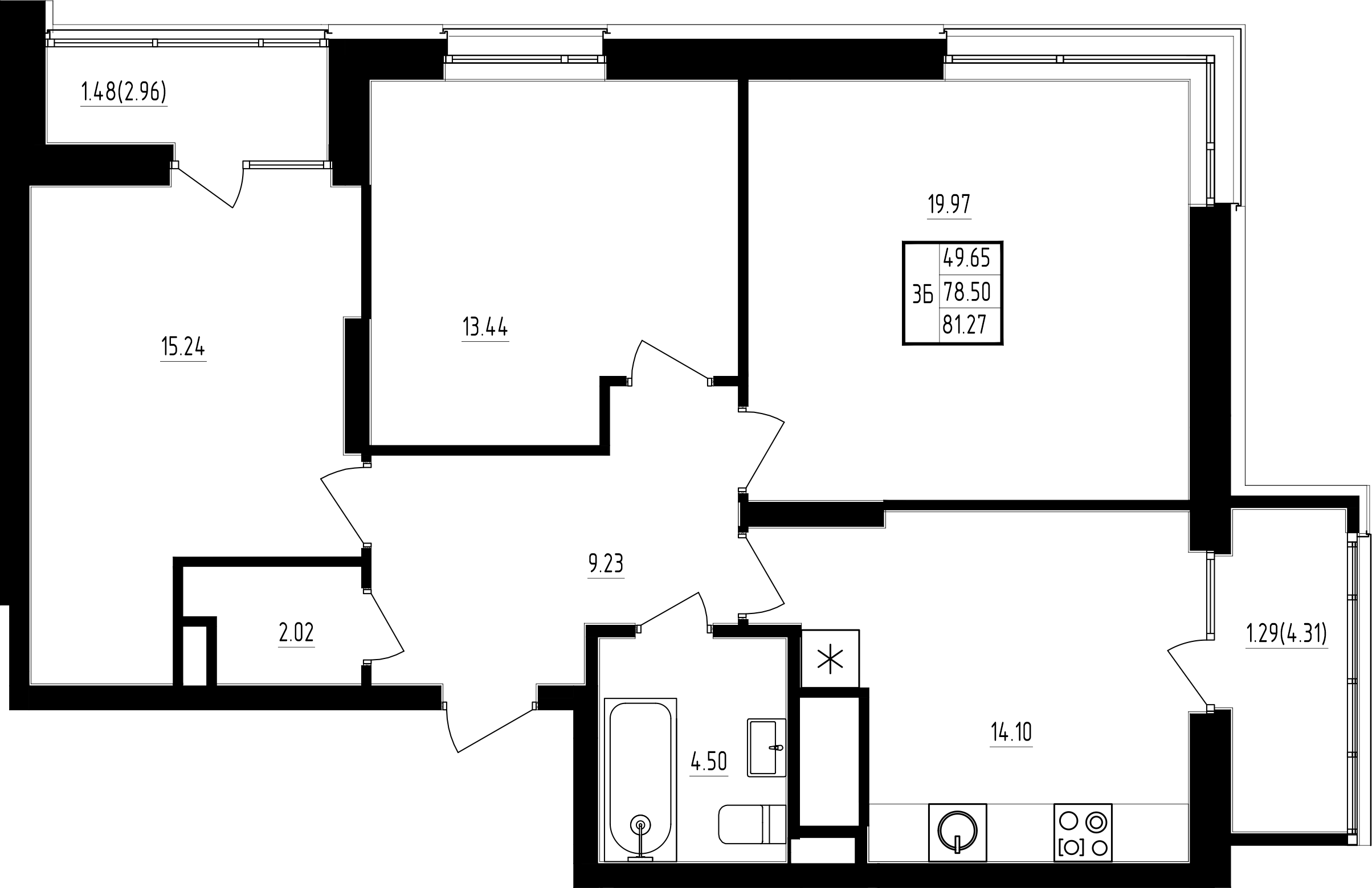 3-комнатная 79 м2 в ЖК Мечта корпус null этаж 15