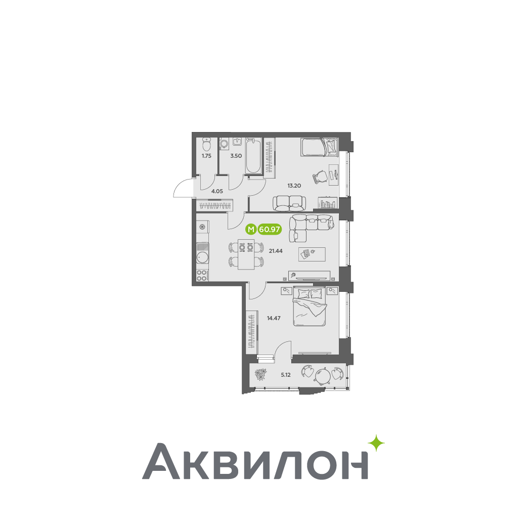 Студия 60 м2 в ЖК Аквилон АКВАРТАЛ корпус null этаж 1
