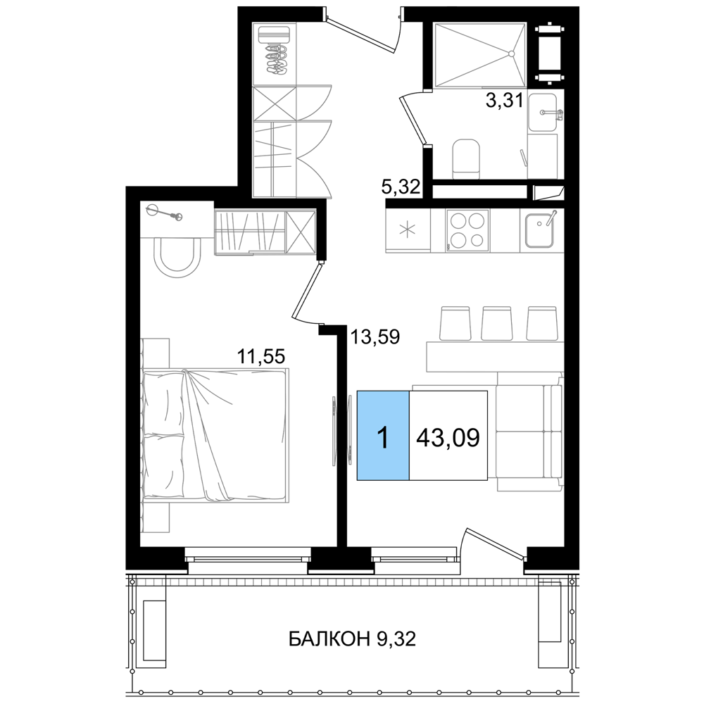 2-комнатная 43 м2 в ЖК Корсаков корпус null этаж 4