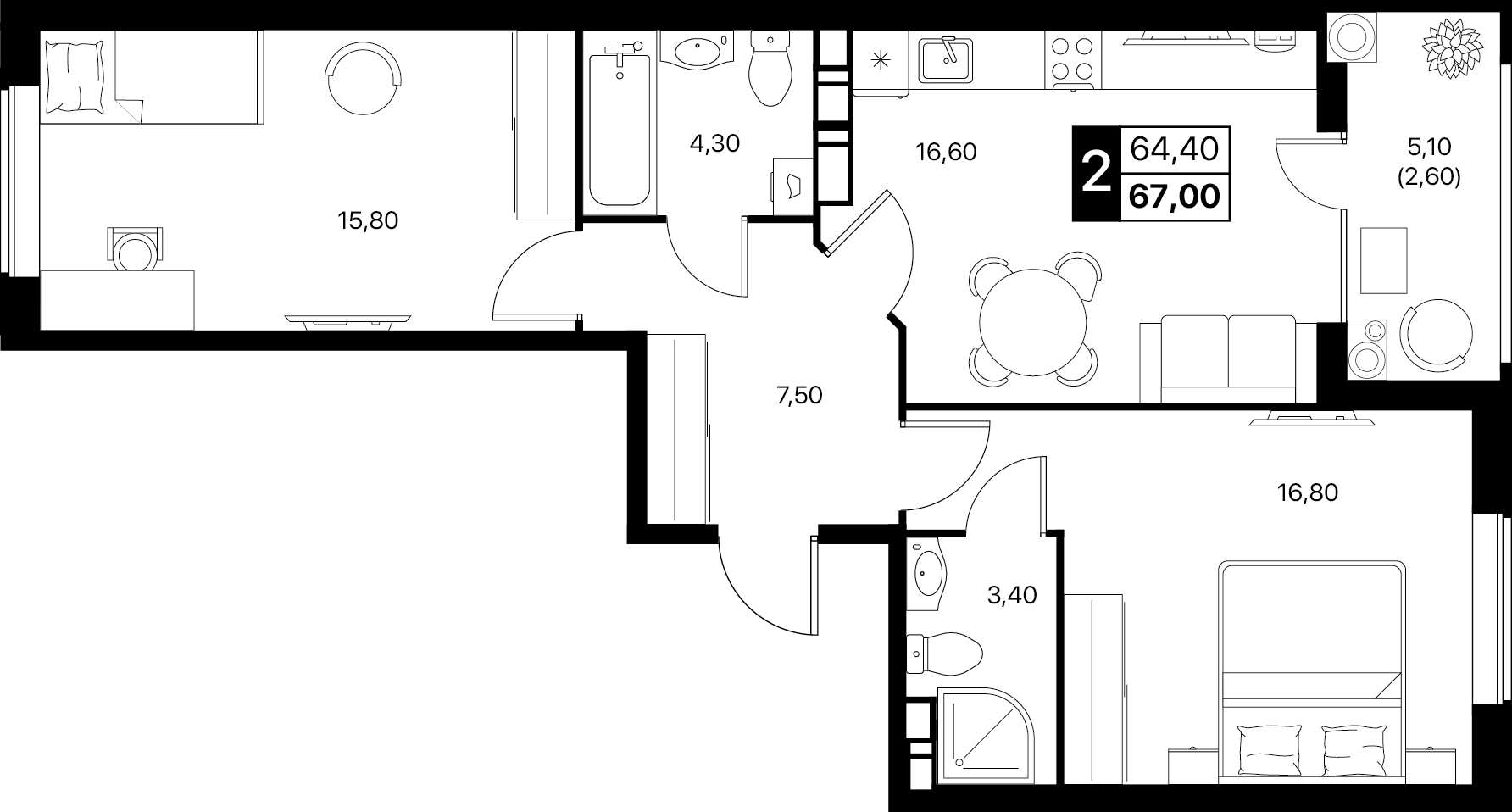 2-комнатная 67 м2 в ЖК Эстет корпус null этаж 12