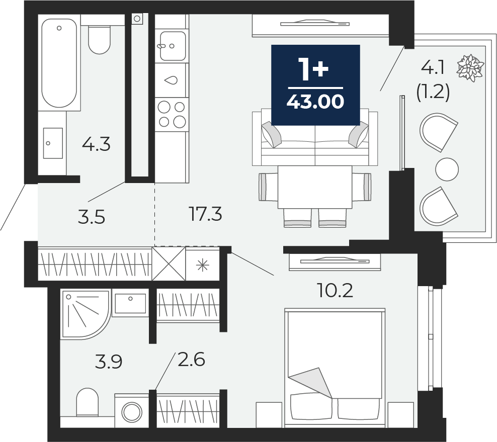 1-комнатная 41 м2 в ЖК Мириады корпус null этаж 14