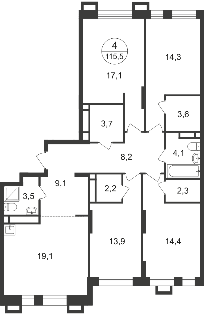 4-комнатная 115 м2 в ЖК Первый Московский корпус null этаж 17