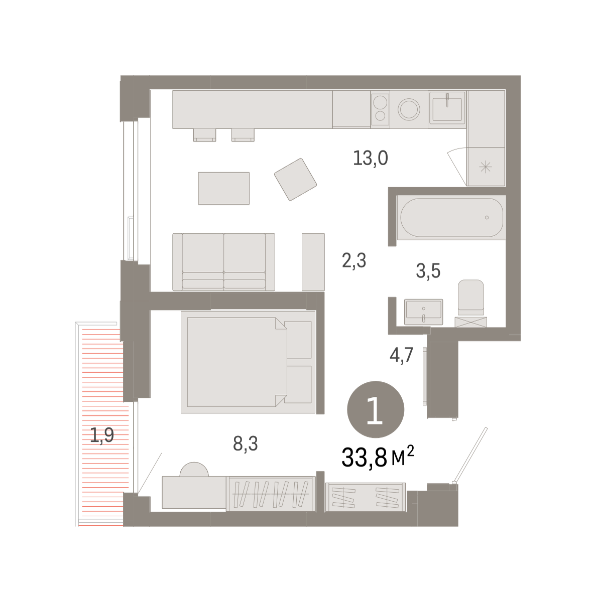 1-комнатная 33 м2 в ЖК Зарека корпус null этаж 7