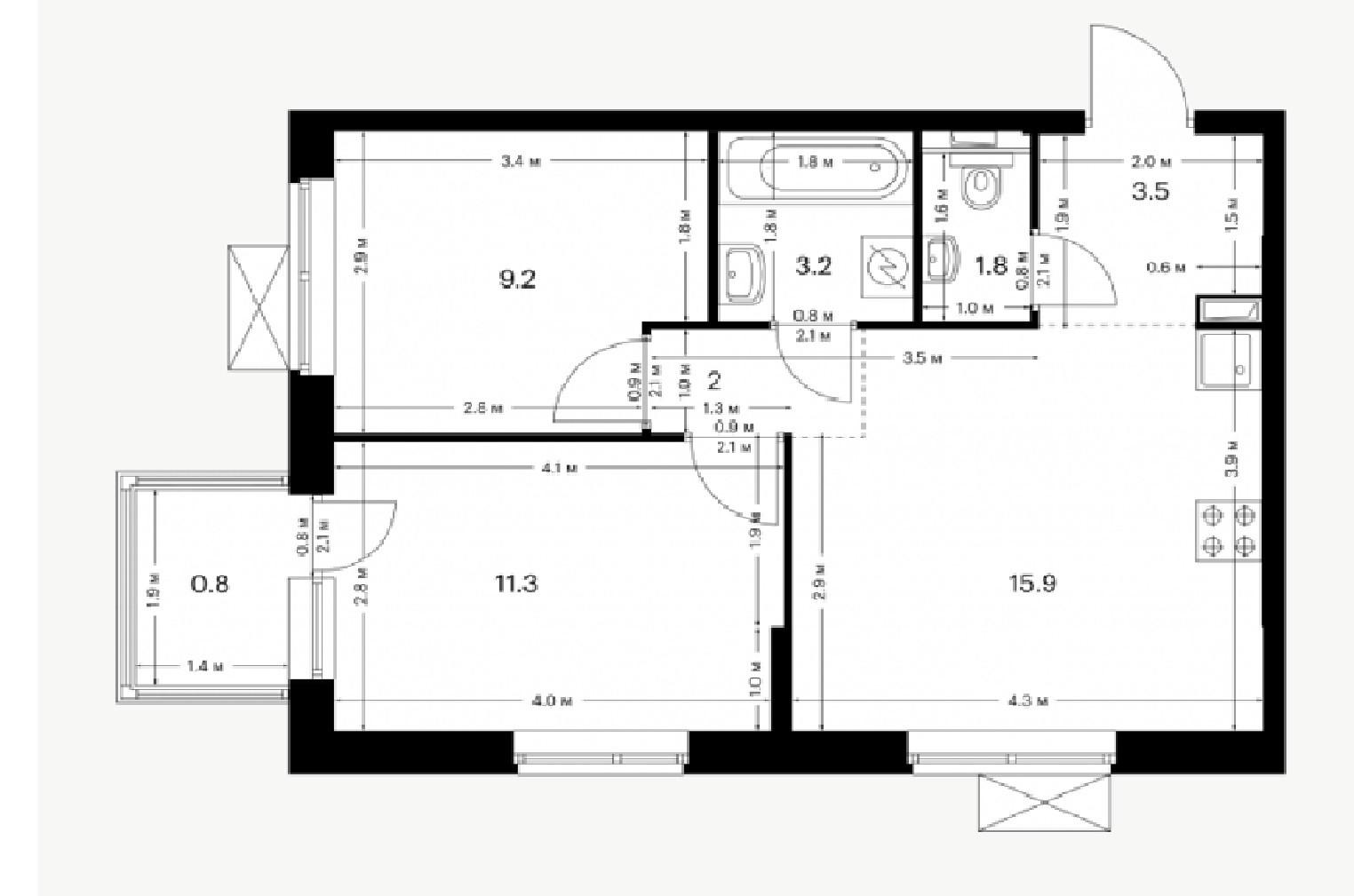 2-комнатная 44.8 м2 в ЖК undefined корпус null этаж 2