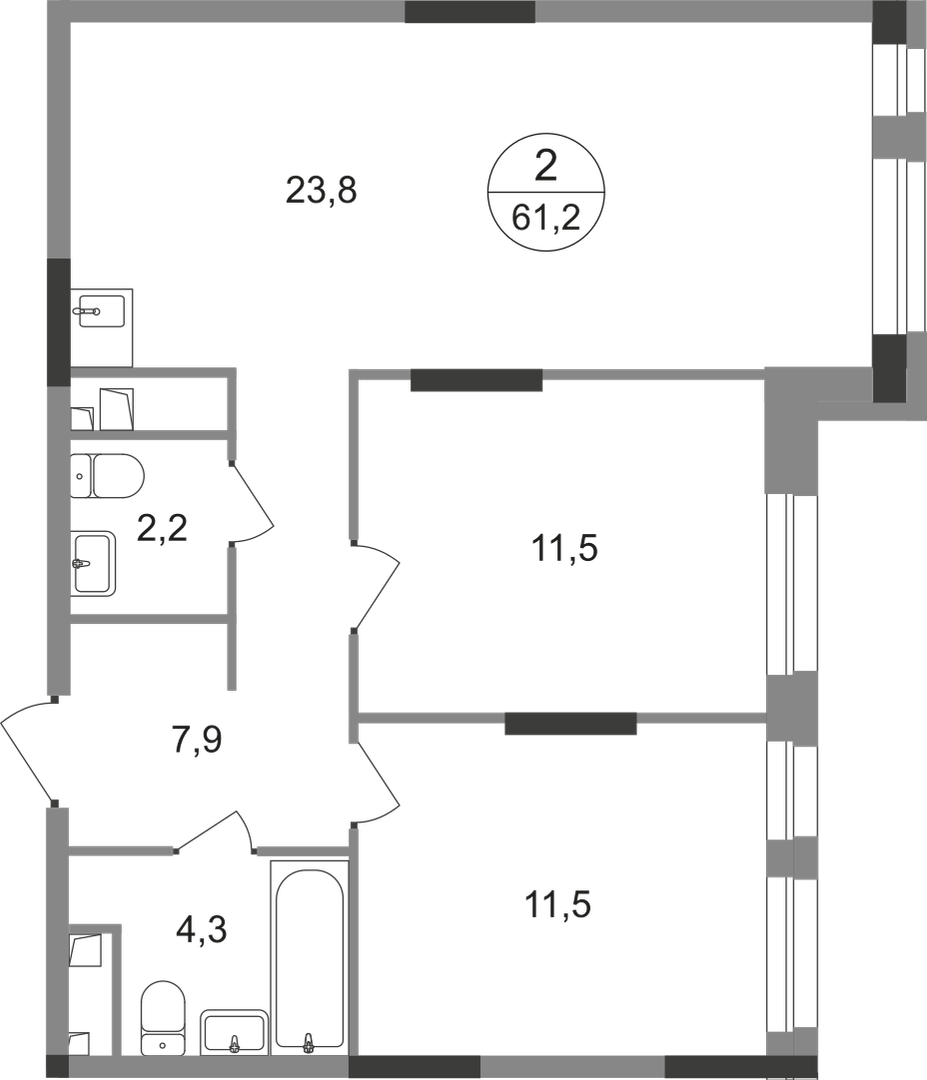 2-комнатная 61 м2 в ЖК Первый Московский корпус null этаж 7