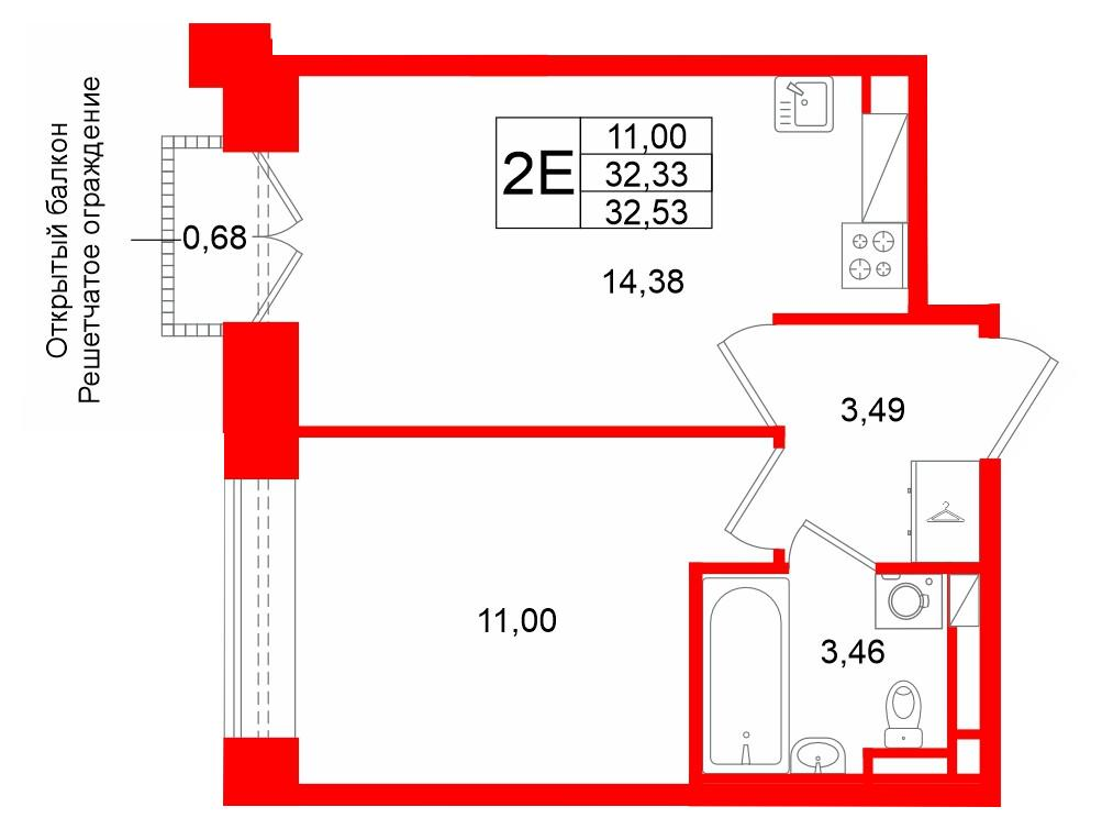 1-комнатная 32 м2 в ЖК Аристократ корпус null этаж 6