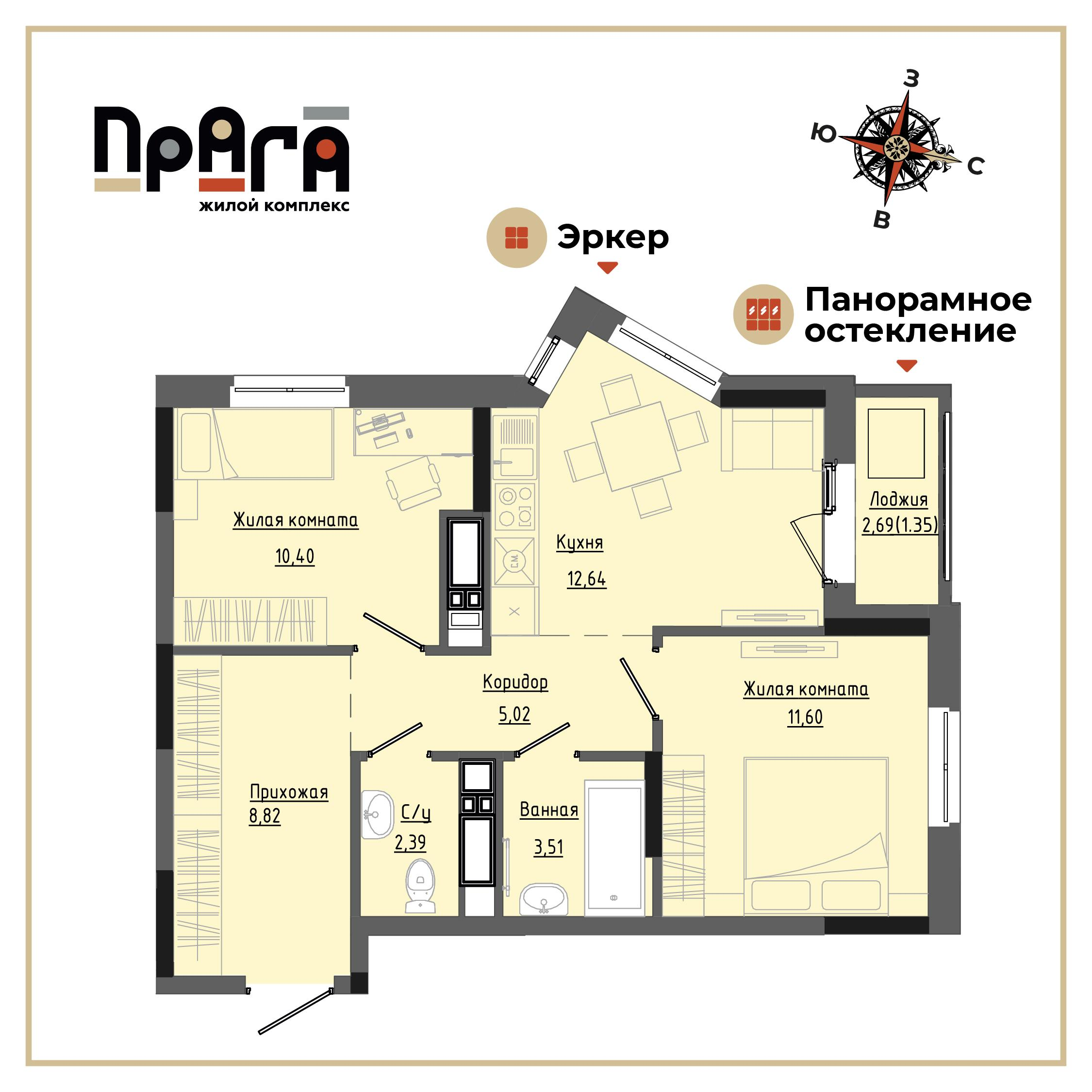 2-комнатная 55 м2 в ЖК Прага корпус null этаж 10