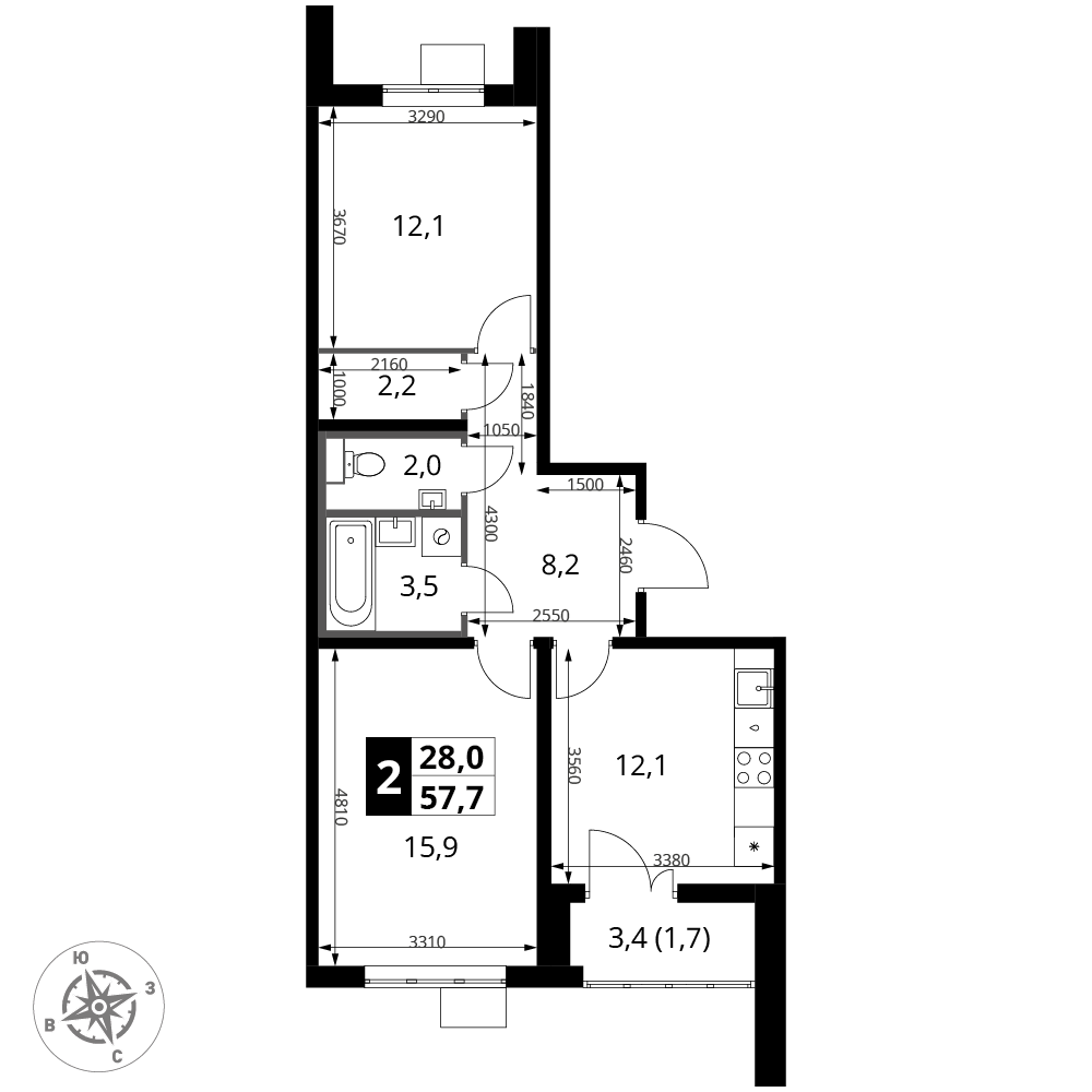 2-комнатная 57 м2 в ЖК 1-й Южный корпус null этаж 7