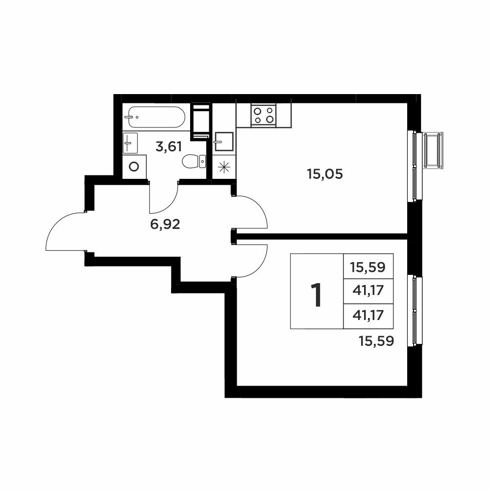 1-комнатная 41 м2 в ЖК Соседи корпус null этаж 9