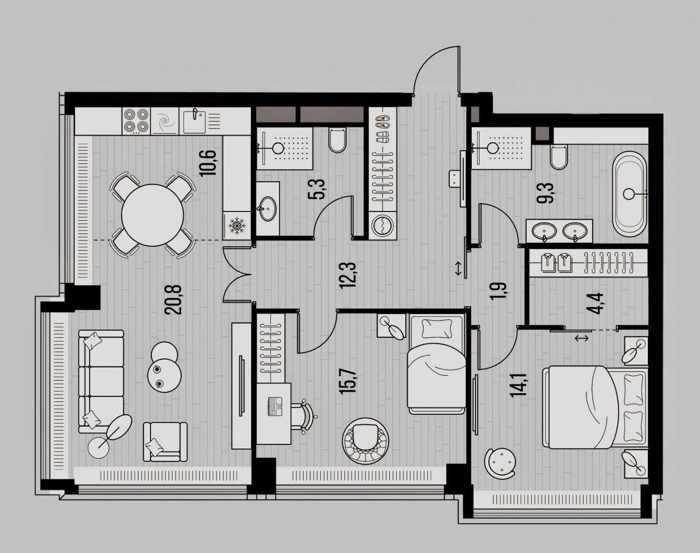 3-комнатная 94.4 м2 в ЖК undefined корпус null этаж 10