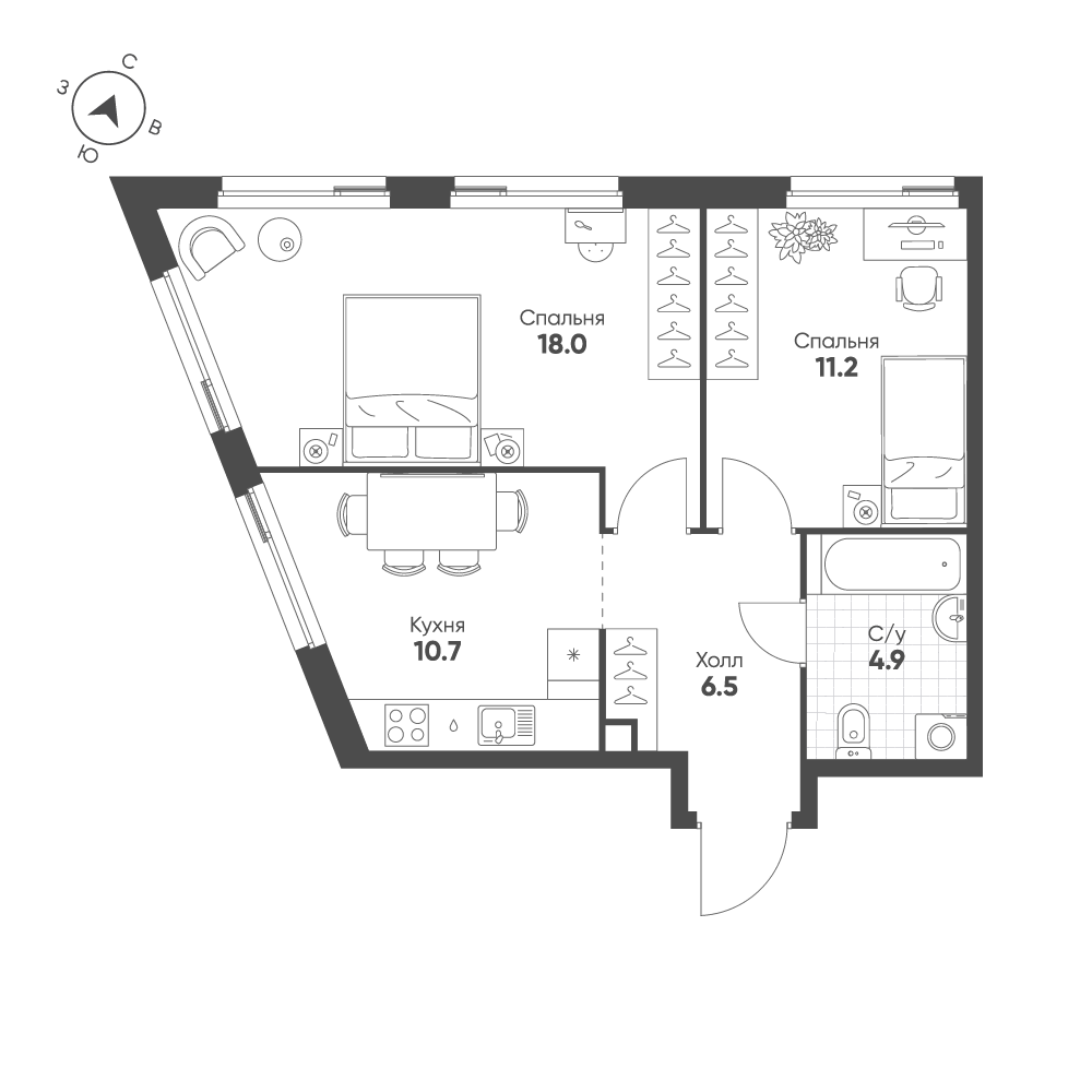 2-комнатная 51 м2 в ЖК Шагал корпус null этаж 3