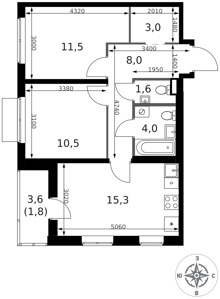 2-комнатная 55 м2 в ЖК 1-й Ясеневский корпус null этаж 4