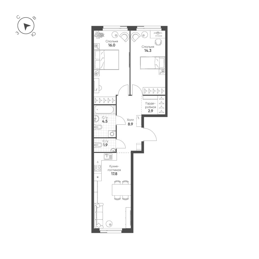 2-комнатная 66 м2 в ЖК Шагал корпус null этаж 8