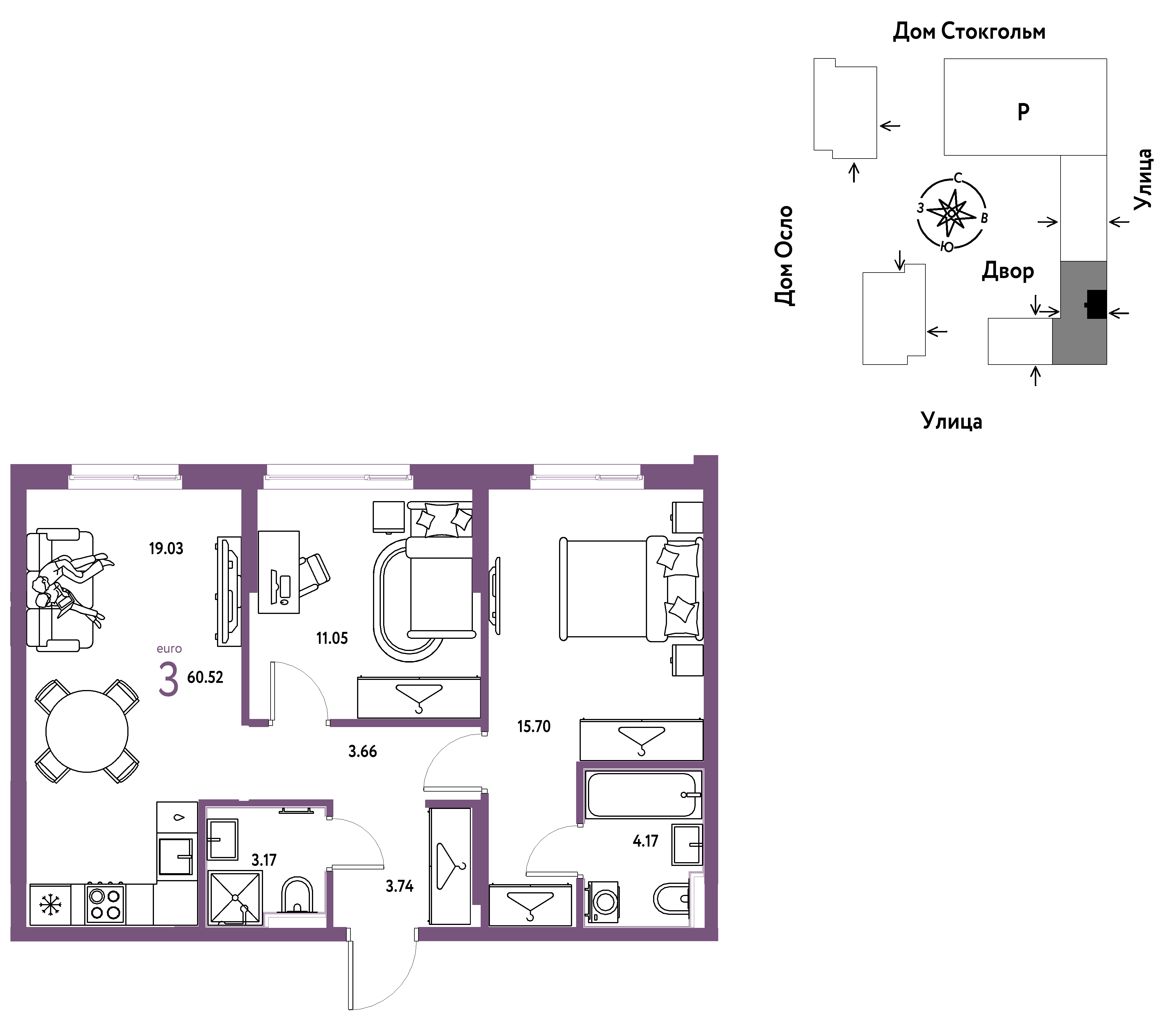 3-комнатная 60 м2 в ЖК Европейский берег 2.0 корпус null этаж 8