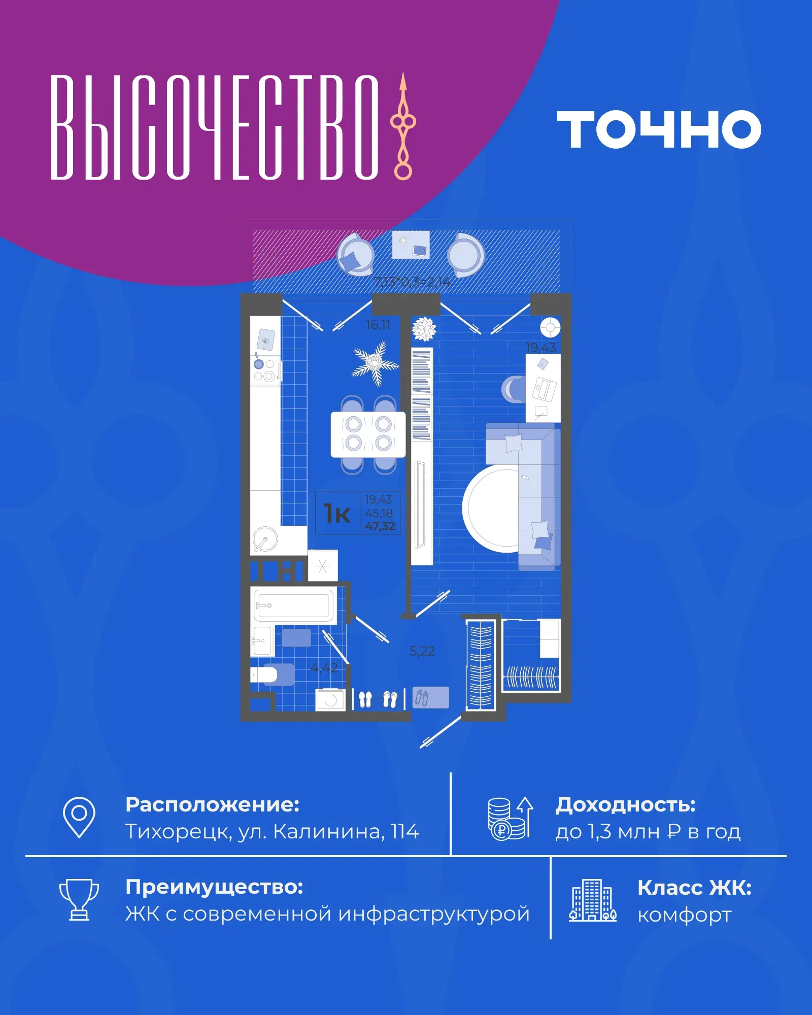 1-комнатная 45 м2 в ЖК Высочество корпус null этаж 2