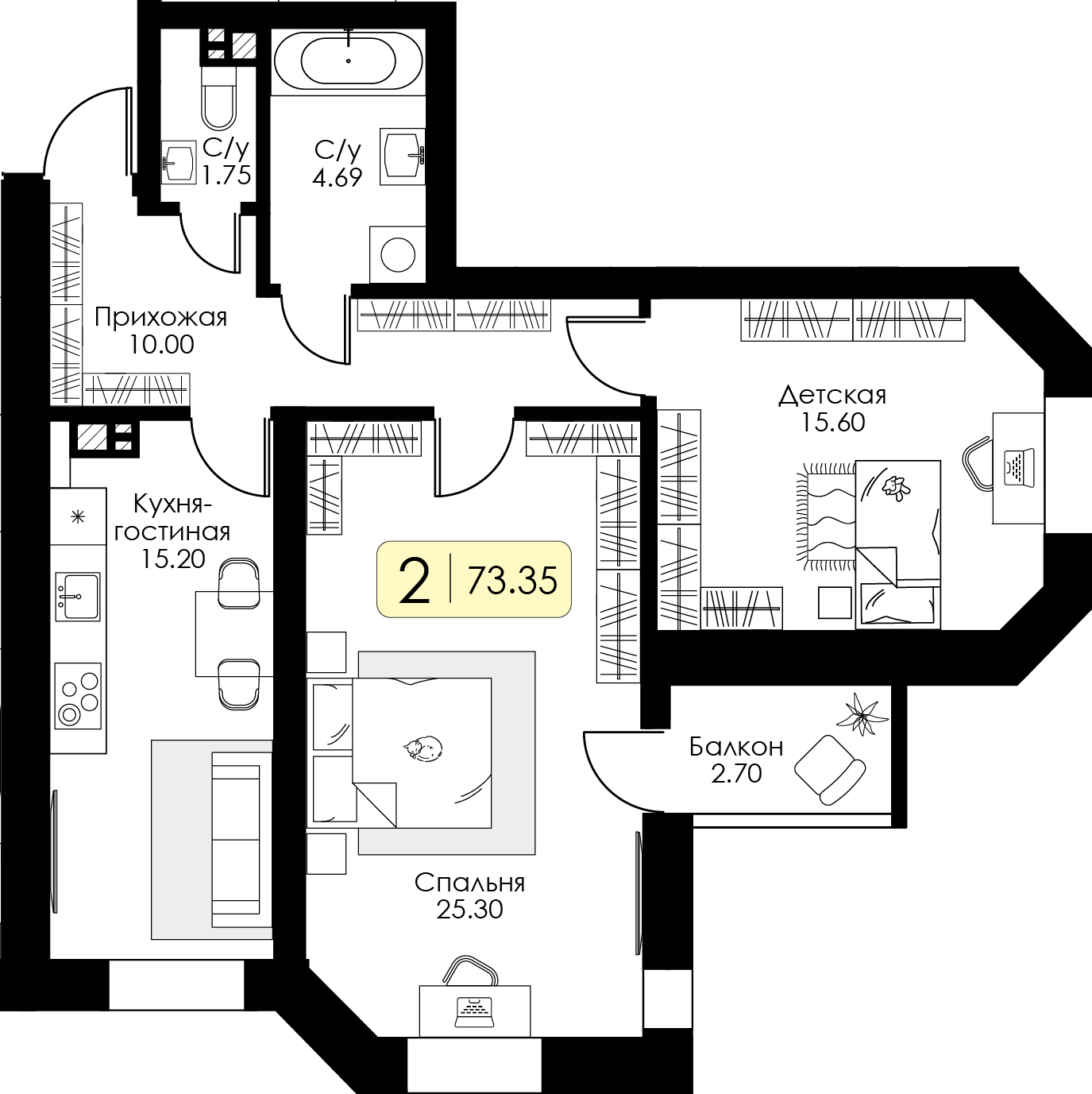 2-комнатная 73 м2 в ЖК Урбан Парк корпус null этаж 14