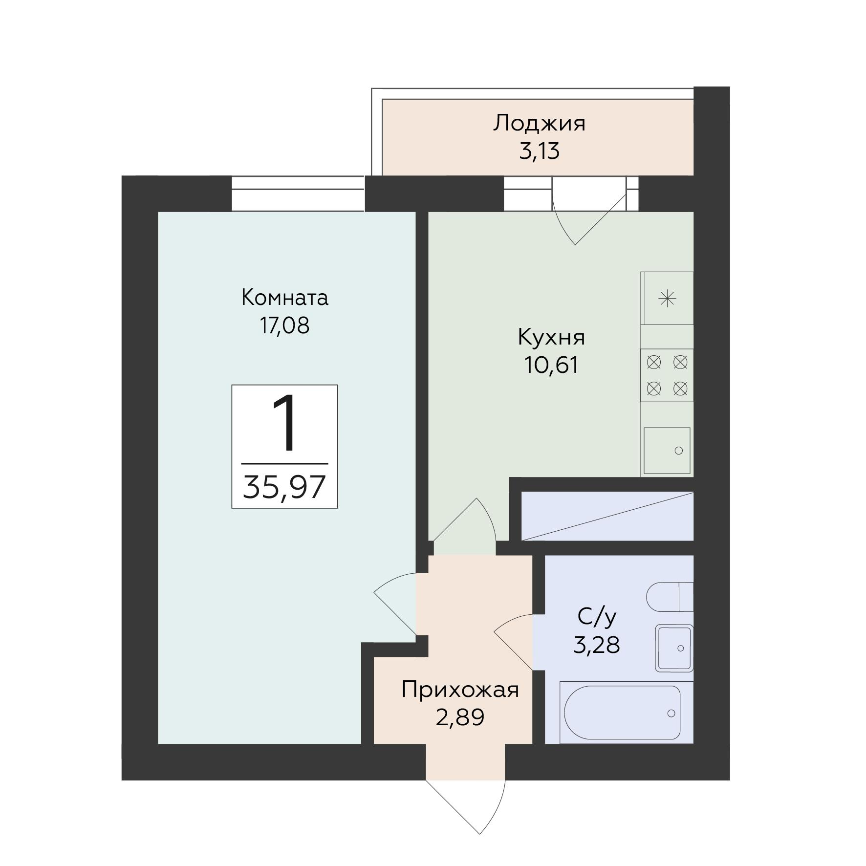 1-комнатная 35 м2 в ЖК Юность корпус null этаж 10