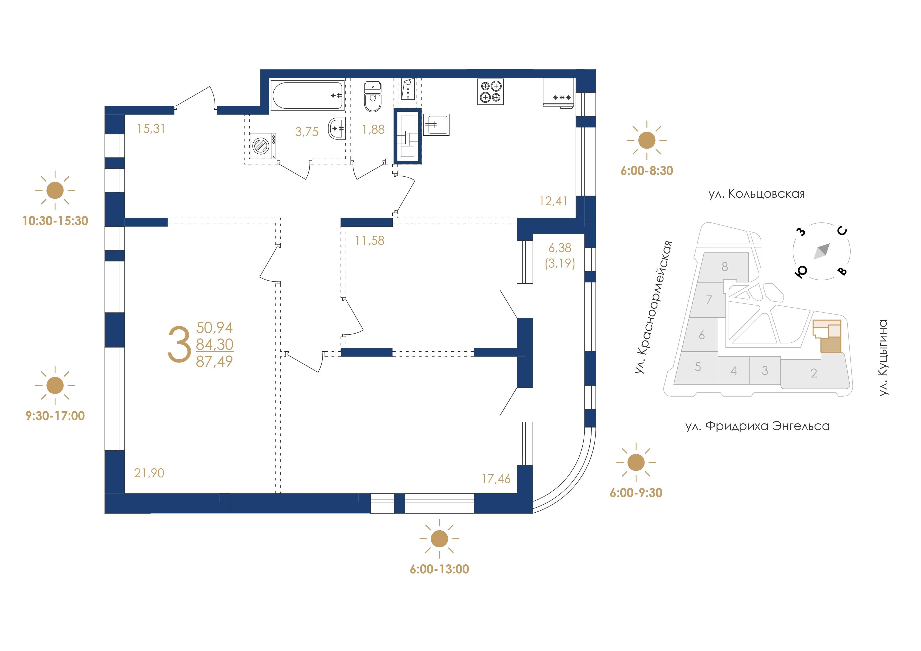 3-комнатная 87 м2 в ЖК Дом на Фридриха Энгельса корпус null этаж 10