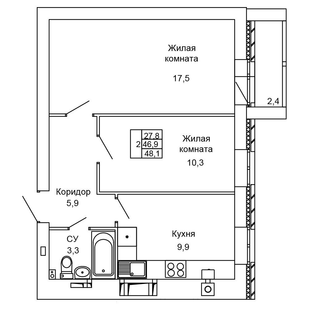 2-комнатная 48.1 м2 в ЖК undefined корпус null этаж 8