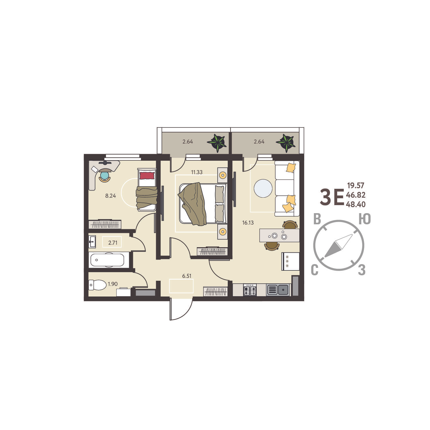 2-комнатная 48 м2 в ЖК Инстеп.Сити корпус null этаж 16