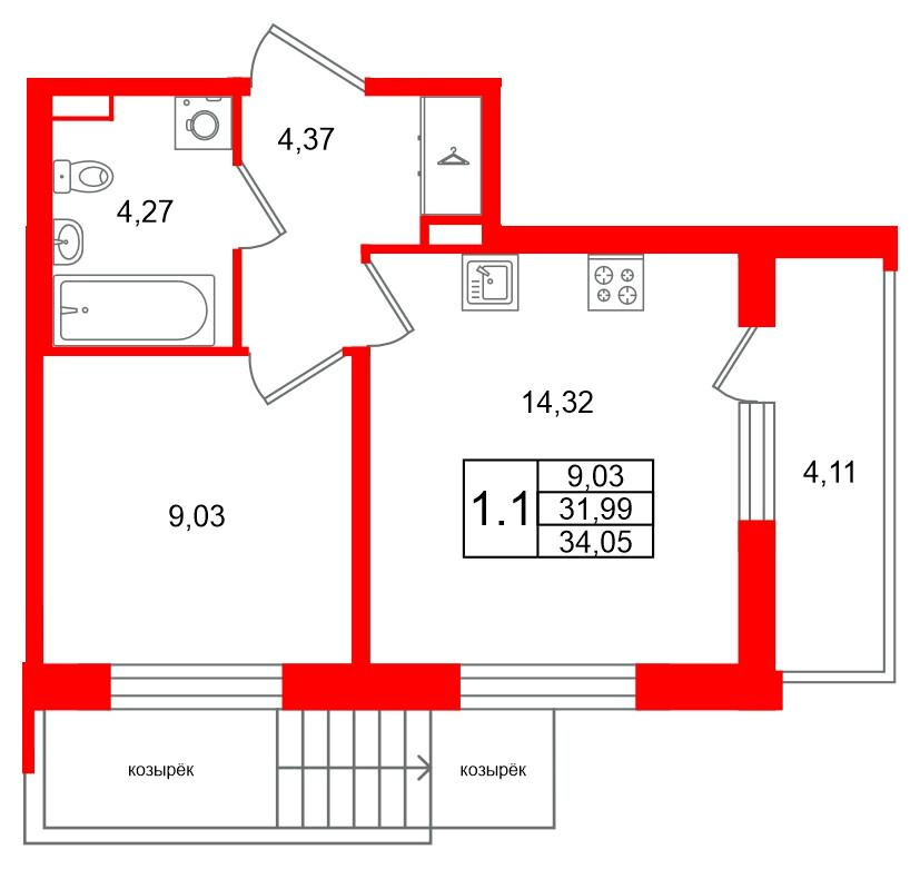 1-комнатная 31 м2 в ЖК Univer City корпус null этаж 1