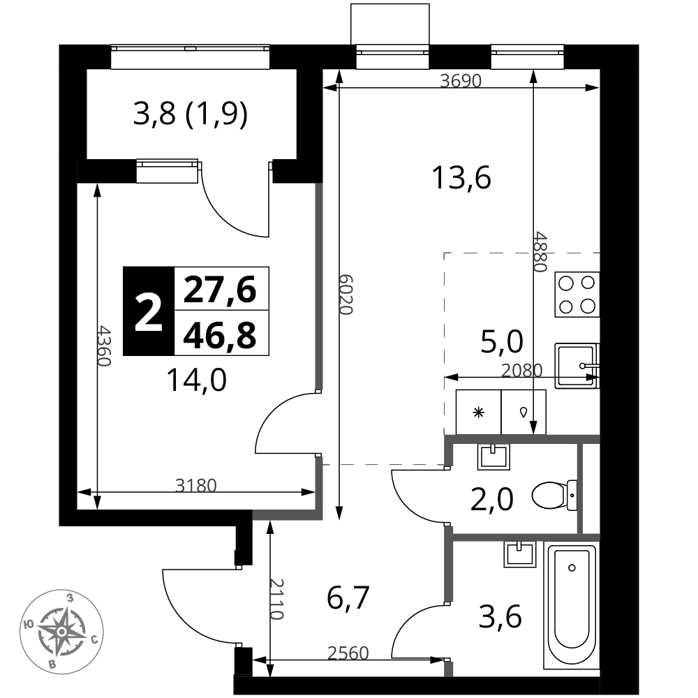 2-комнатная 46 м2 в ЖК 1-й Ясеневский корпус null этаж 13