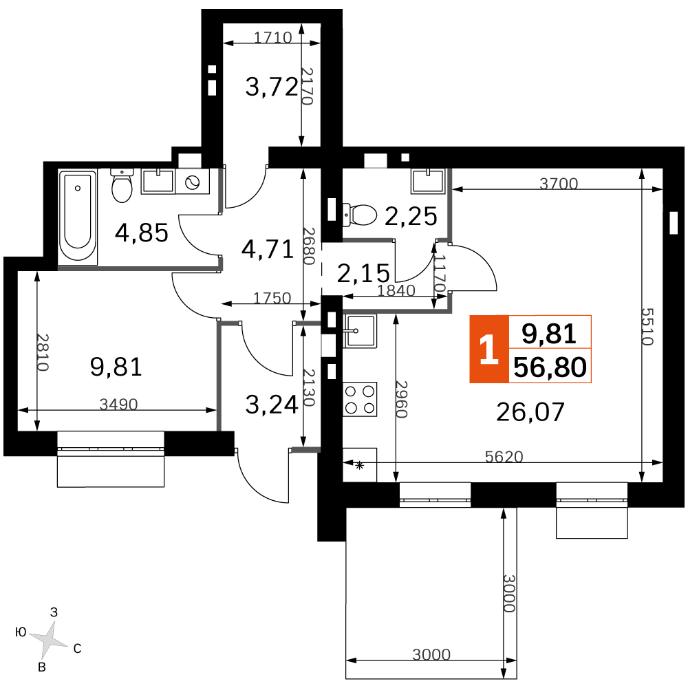 1-комнатная 56 м2 в ЖК Жаворонки Клаб корпус null этаж 1