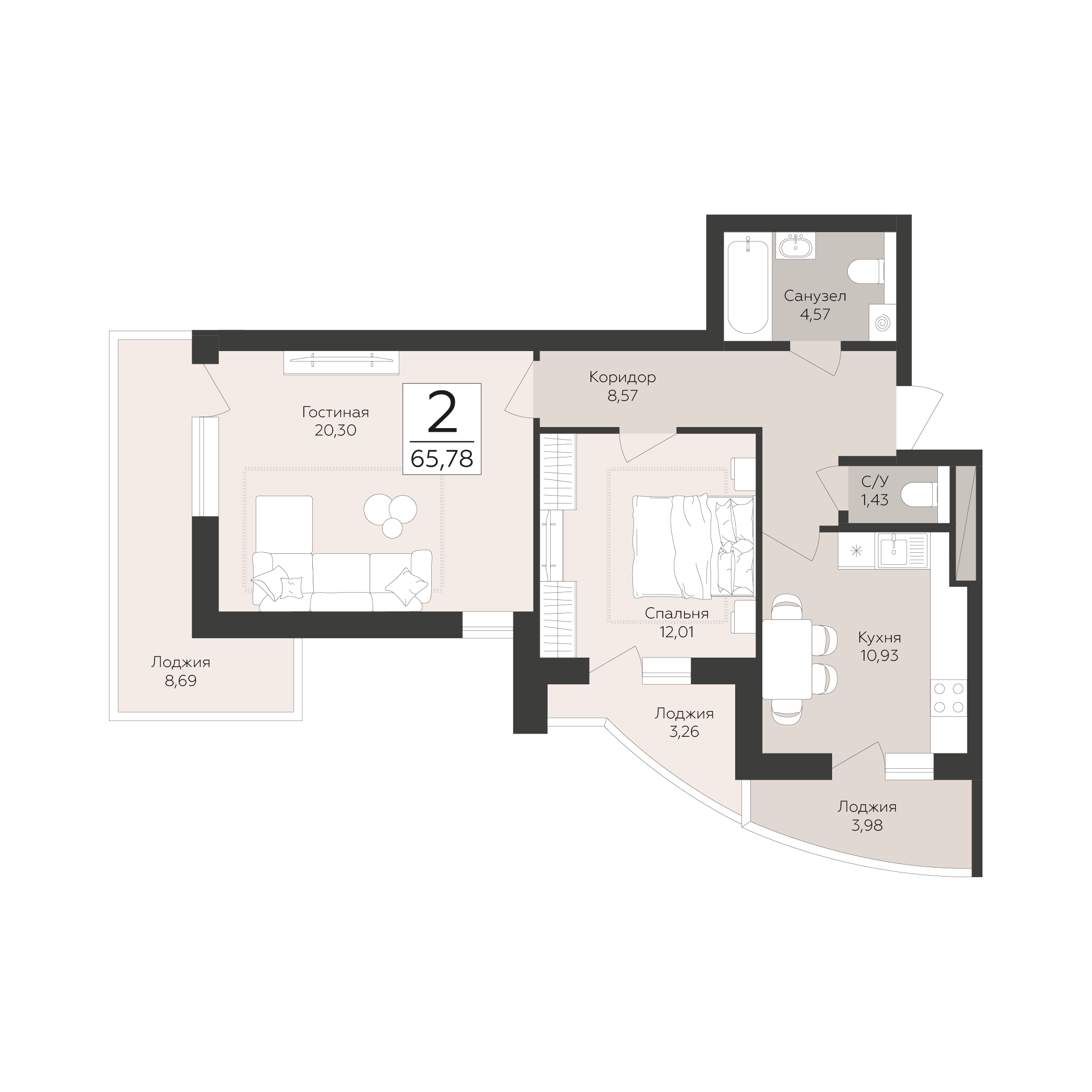 2-комнатная 65 м2 в ЖК Скай корпус null этаж 8