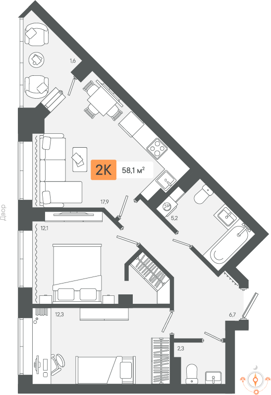 2-комнатная 58 м2 в ЖК Zori корпус null этаж 7